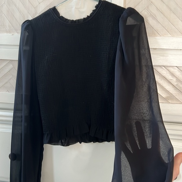 Black top, shirred bodice with wide, sheer sleeves - Picture 2 of 2